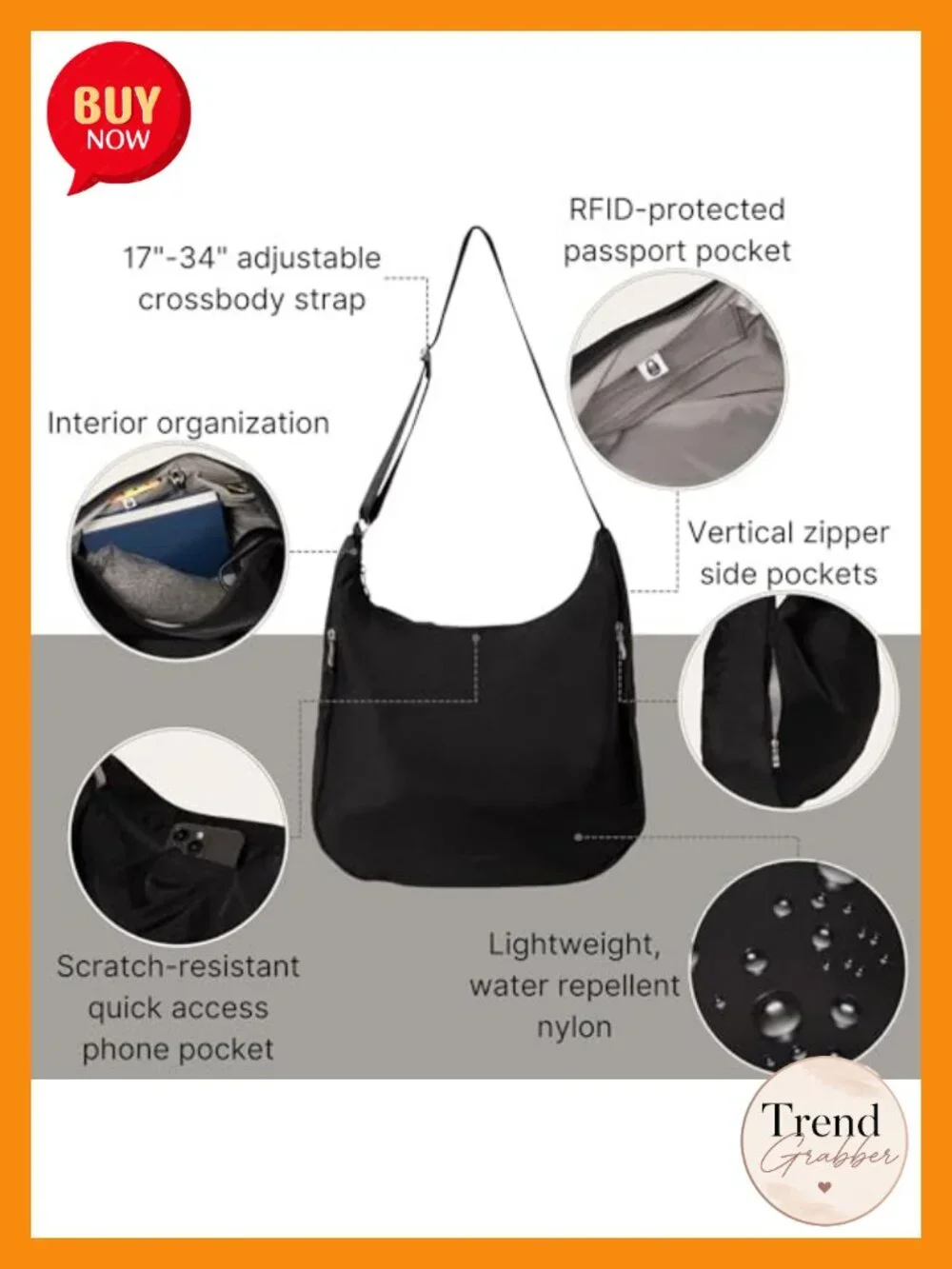 Hobo Crossbody Bag - Lightweight Nylon Travel Purse with RFID Protection